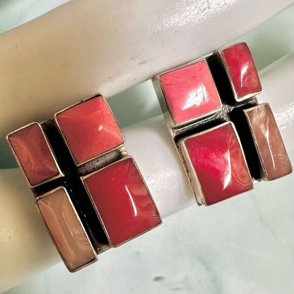 Sterling Silver  Pink Dyed Shell Earrings  Modernist Design - Picture 2 of 12